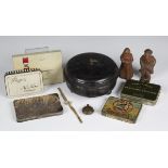 A small group of collectors' items, including a 19th century black tole painted spice box, the