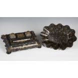 A Victorian papier-mâché desk standish with gilt and mother-of-pearl inlaid decoration, width