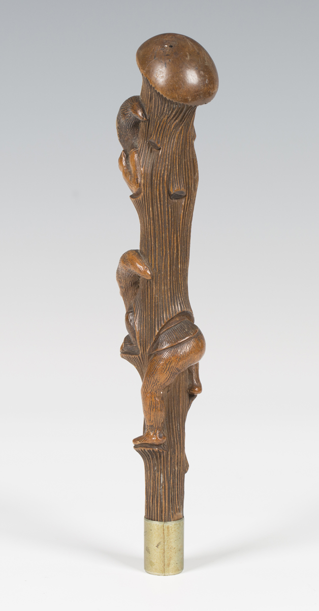 A late 19th century Swiss Black Forest carved softwood novelty walking cane handle, finely - Image 2 of 4