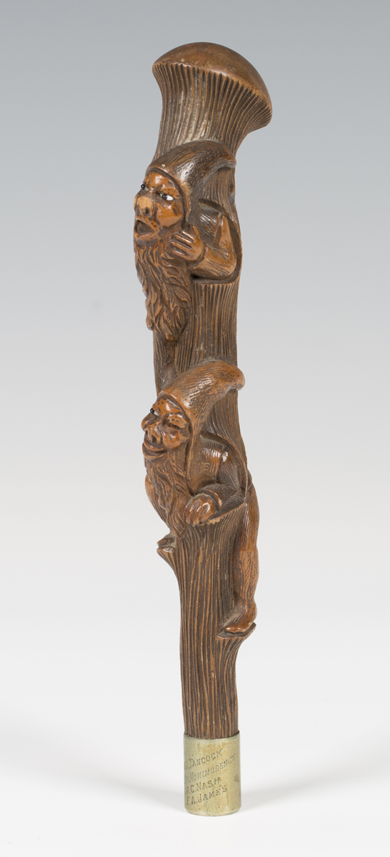 A late 19th century Swiss Black Forest carved softwood novelty walking cane handle, finely - Image 3 of 4