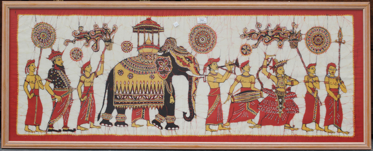 A late 20th century Indian batik wall panel depicting a procession of elephant and figures, 55cm x