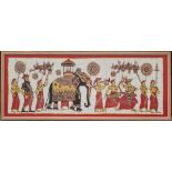 A late 20th century Indian batik wall panel depicting a procession of elephant and figures, 55cm x