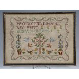 An Edwardian needlework sampler, finely worked in coloured threads with birds and plants,