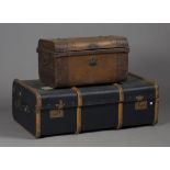 A late Victorian scumbled tin travelling trunk, height 32cm, width 58cm, together with a canvas