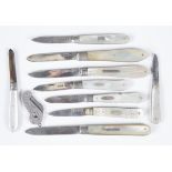 A group of nine mother-of-pearl and silver bladed folding fruit knives, including one with