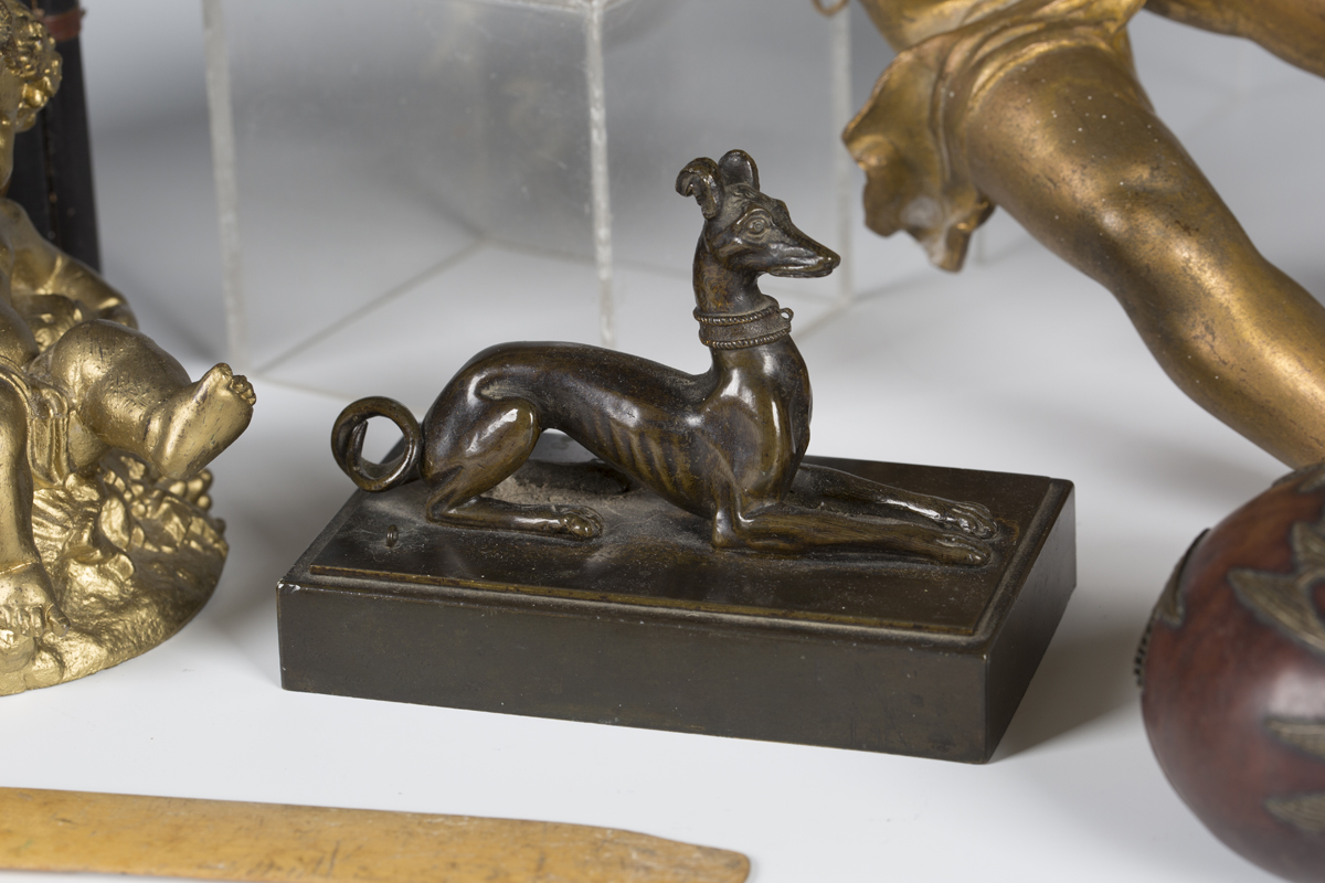 A small group of collectors' items, including a 19th century bronze model of a recumbent whippet, - Image 3 of 3