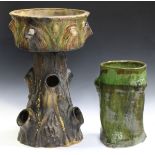 A mid-20th century glazed earthenware two-section planter of naturalistic tree stump form, height