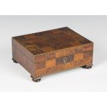 A 19th century specimen wood work box, the hinged lid and sides with overall squares of various