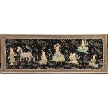 A 20th century Indian stumpwork panel depicting a horse and figures on a black felt ground, 60cm x