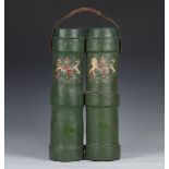 A pair of joined green canvas-covered cylindrical shot buckets, fitted with a leather strap handle