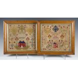 A pair of Victorian woolwork samplers, initialled 'W.B, aged 11 years', one dated 1867, both