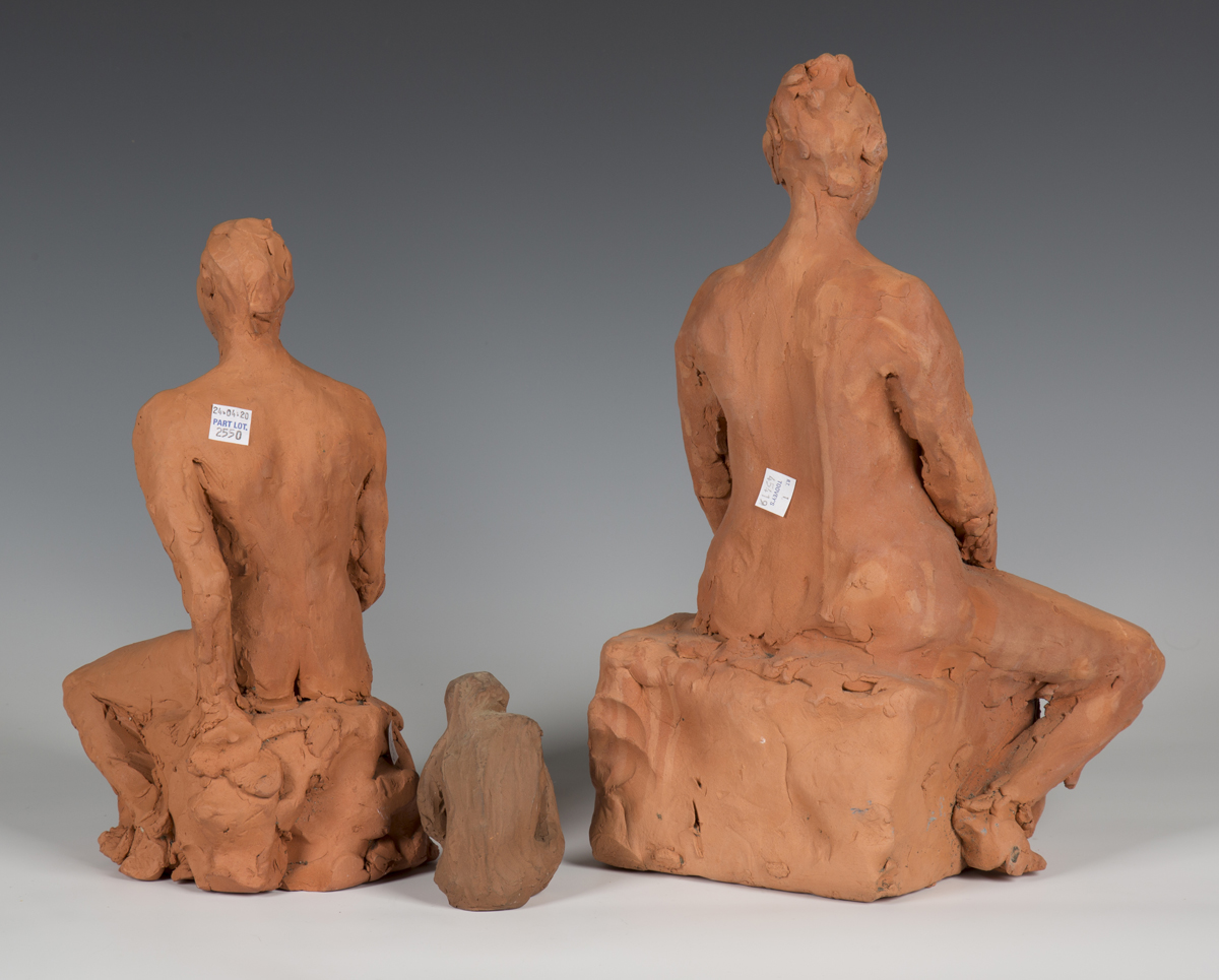 A group of three mid-20th century sculpted terracotta maquette models of seated nudes, height of - Image 2 of 2