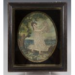 A Regency silkwork, chenille and watercolour oval panel depicting a girl with her pet dog, mounted