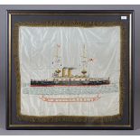 A large early 20th century naval sailor's silkwork panel depicting 'H.M.S. Venerable', worked in
