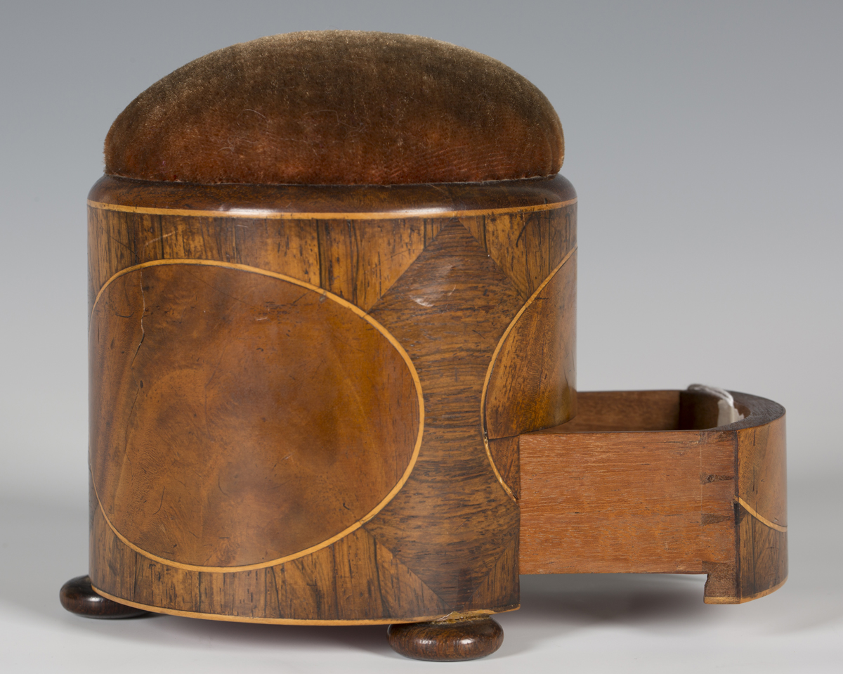 A late George III mahogany cylindrical milliner's hatpin stand, the cushion top above an inlaid - Image 3 of 3