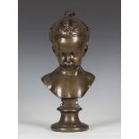 A late 19th century French brown patinated cast bronze head and shoulders bust of a young girl,