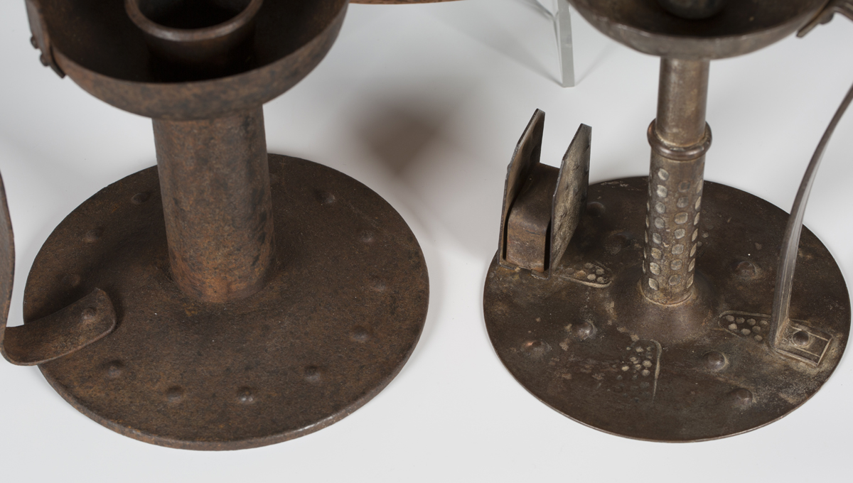 A German Goberg wrought iron chamberstick, height 20cm, another similar tin candlestick and a 20th - Image 2 of 2