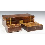 A Victorian walnut and brass bound writing slope, width 50cm, a 19th century box, the lid veneered