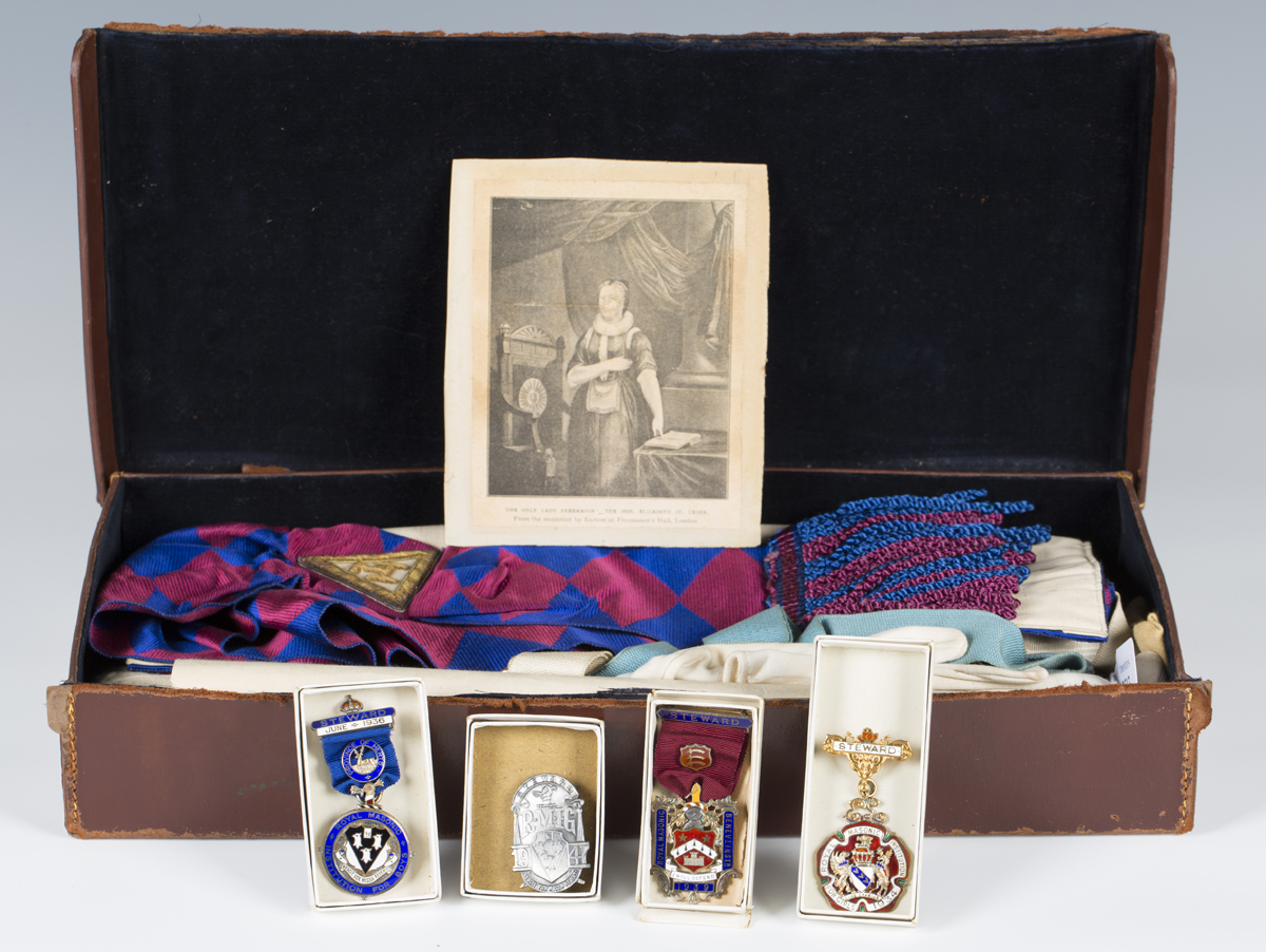 A group of Masonic regalia, including three enamelled silver 'Steward' medals.Buyer’s Premium 29.