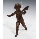 A late 19th century French brown patinated cast spelter figure of a hanging cherub, height 31cm.