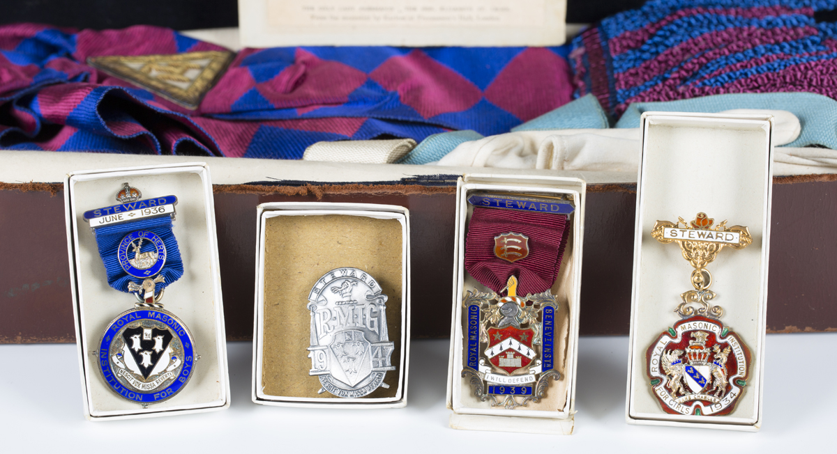A group of Masonic regalia, including three enamelled silver 'Steward' medals.Buyer’s Premium 29. - Image 4 of 4