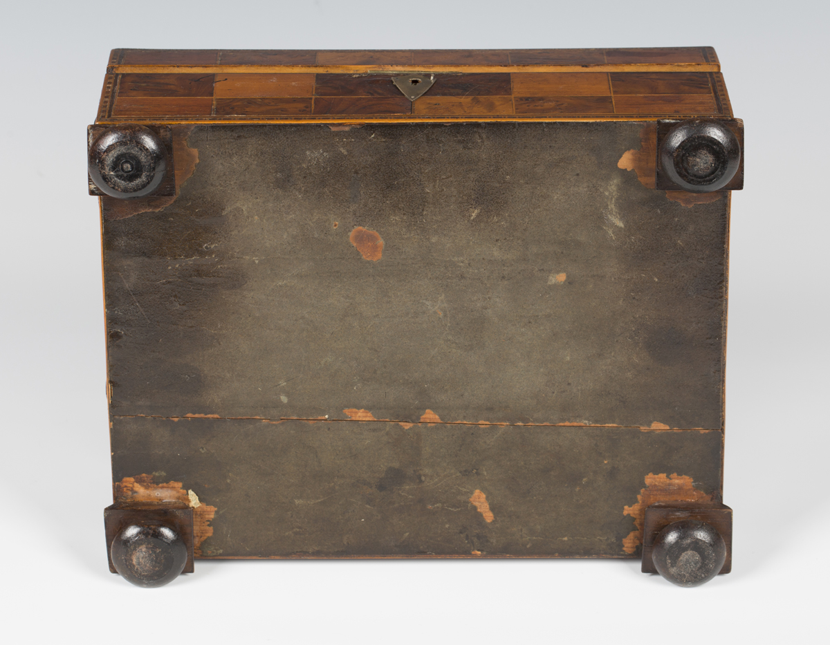 A 19th century specimen wood work box, the hinged lid and sides with overall squares of various - Image 2 of 4