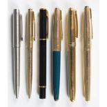 A group of four fountain pens, comprising two Parkers, a Waterman and a Sheaffer with gold plated