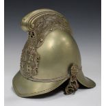 A late 19th/early 20th century nickel plated brass Merryweather type fireman's helmet with applied