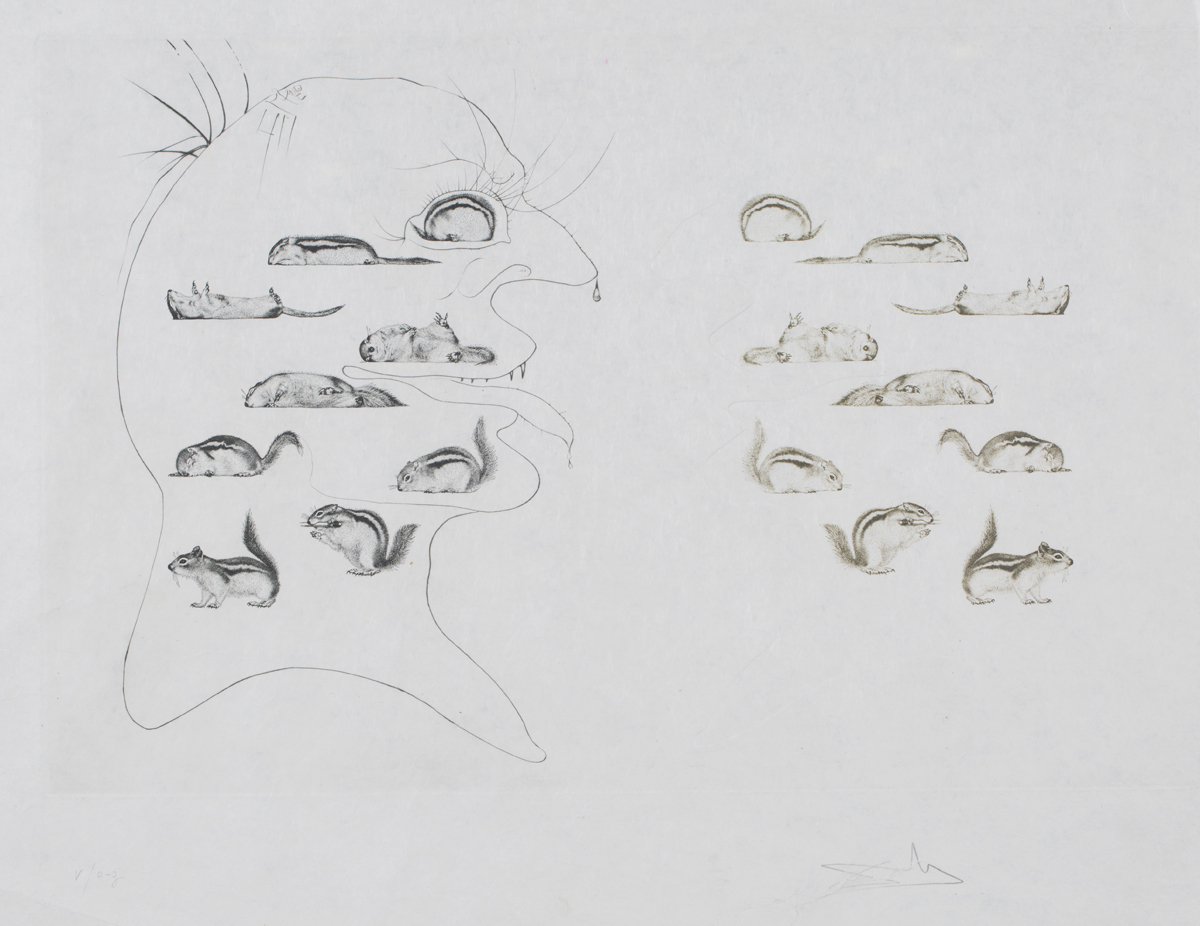 Salvador Dali - L'homme ressuscité par l'holographie de l'écureuil, monochrome etching, signed and