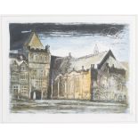 André Bicât - View of a Gothic Building, possibly a School, colour etching, signed and editioned