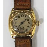 A Rolex 18ct gold cushion cased gentleman's mid-size wristwatch, circa 1927, the signed jewelled