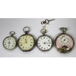 A silver cased keyless wind open-faced gentleman's pocket watch, the white circular dial with