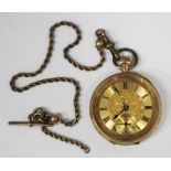 A 14ct gold cased keyless wind open-faced lady's fob watch with gilt cylinder movement, the