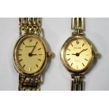 An Accurist Quartz 9ct gold lady's bracelet wristwatch with signed gilt oval dial, case width 1.5cm,