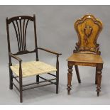 A mid-Victorian oak hall chair, height 88cm, width 42cm (faults and repairs), together with a 20th