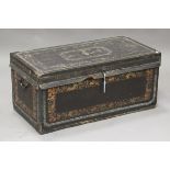 A 19th century black leather and brass mounted camphor trunk, painted with floral borders, height