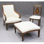 A 20th century Empire style mahogany framed salon suite, all with gilt metal Napoleonic crests and