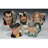 Five large Royal Doulton character jugs, comprising Oscar Wilde, D7146, The Trapper, D6609, St