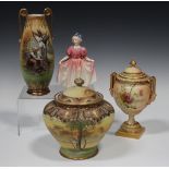 A Continental vase and cover, early to mid-20th century, the bulbous body painted with a blush