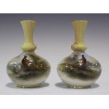 A pair of Royal Worcester porcelain vases, circa 1903 and 1907, painted by Jas. Stinton, signed, the