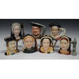 Seven Royal Doulton large character jugs, modelled as Henry VIII and his six wives.Buyer’s Premium