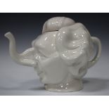 A Luck & Flaw novelty satirical teapot and cover in the form of Margaret Thatcher's head, white