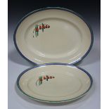 A graduated pair of Clarice Cliff Fantasque Solomon's Seal pattern oval meat dishes, impressed,