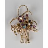 A gold, vari-coloured gemstone and cultured pearl brooch, designed as a basket of flowers, mounted