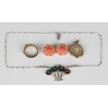 A vari-coloured paste pendant necklace, designed as a basket of flowers, width 3.5cm (one paste
