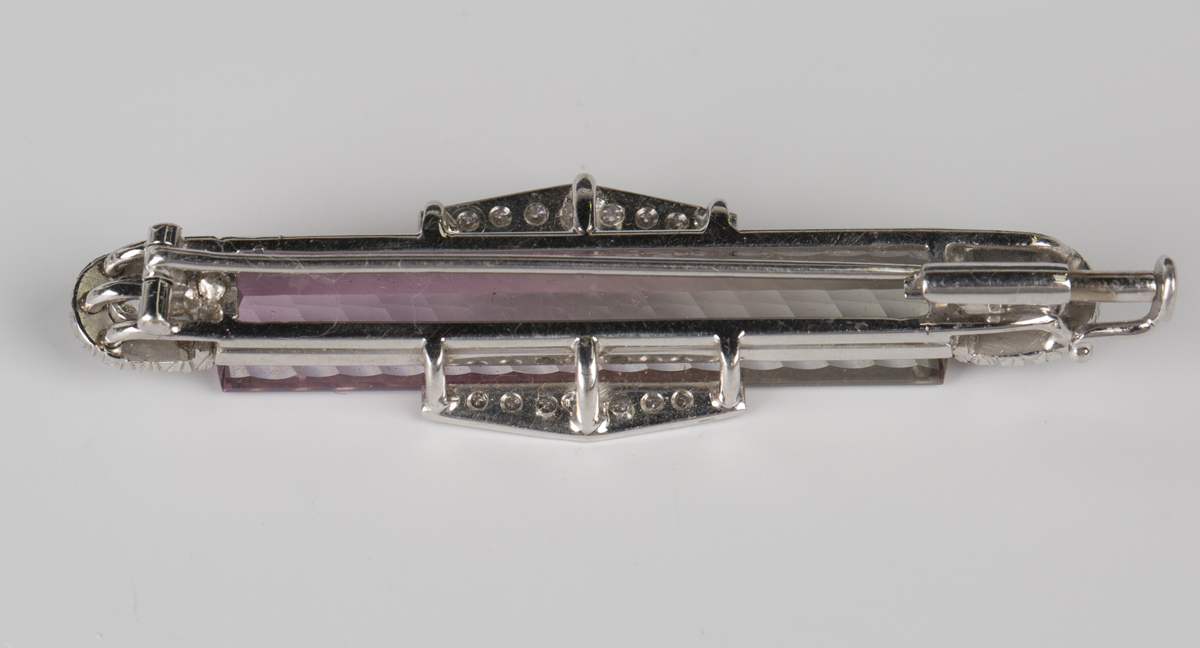 A diamond and vari-coloured tourmaline brooch, mounted with the rectangular vari-coloured tourmaline - Image 2 of 2