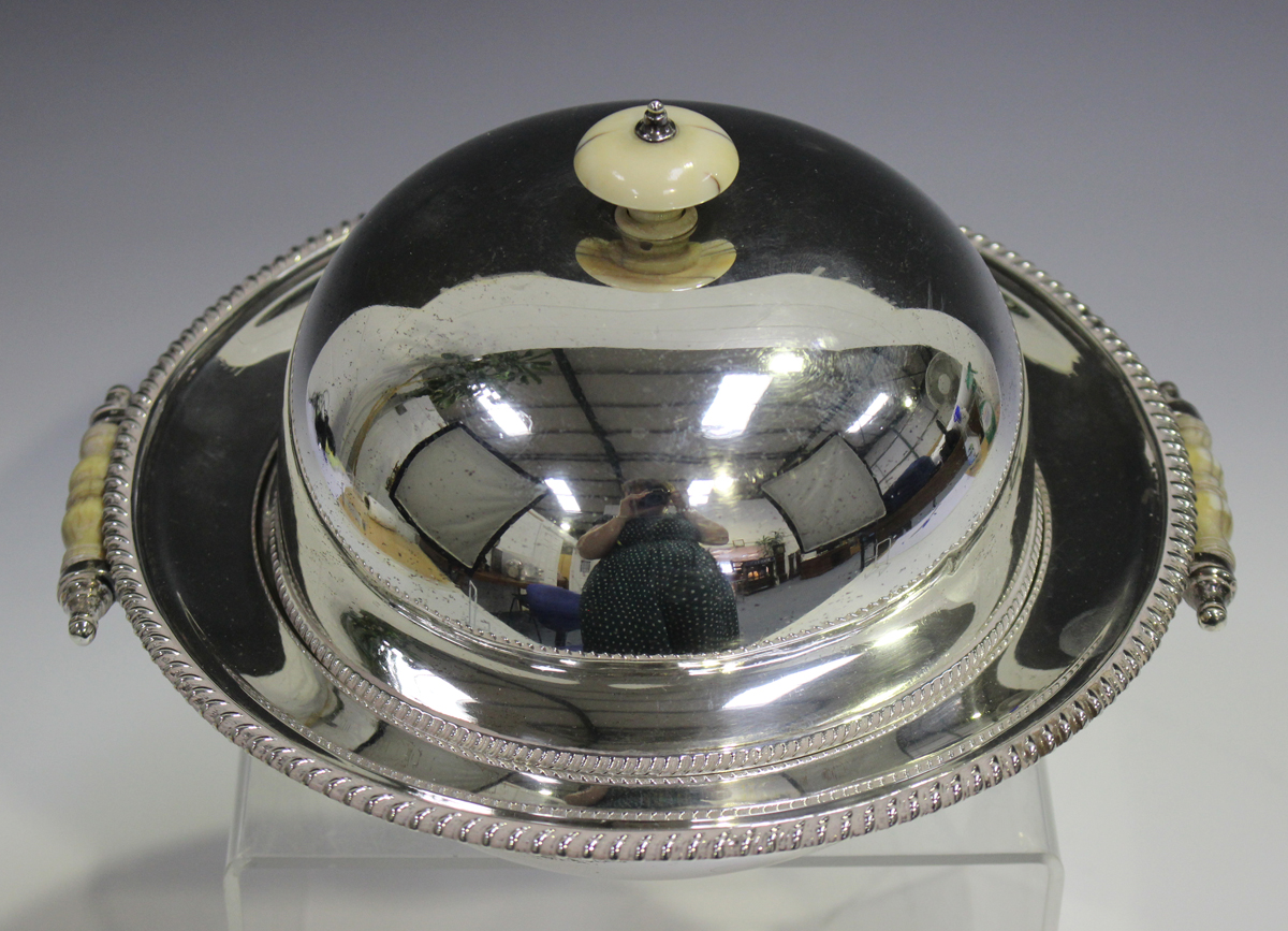 A George V silver muffin dish and cover with warmer base, fitted with turned ivory finial and - Image 3 of 3