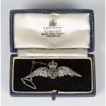 A silver, enamelled and marcasite brooch, designed as the wings of the Royal Air Force, post-1953,