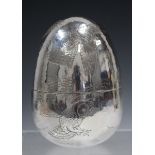 An Elizabeth II silver egg shaped box and cover, engraved with various birds, each titled 'Swallow',
