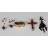 A gold and ruby single stone scarf clip, detailed '9ct', a cornelian pendant cross, a pair of gold